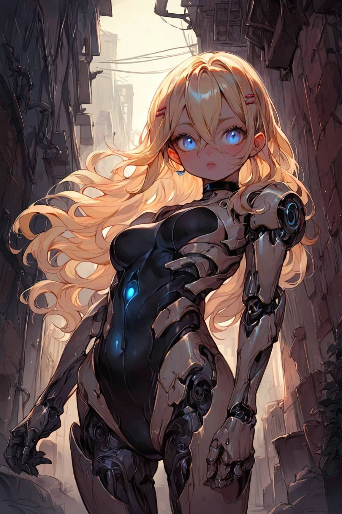 score_9, score_8_up, score_7_up, source_anime, (realistic:0.6), (high quality, detailed, beautiful)
Beautiful Lighting, 1girl, (outdoors, alley:1.3), black choker, realistic, blonde hair, long hair, hair intakes, hair between eyes, <lora:c0l0urc0r3XLP2:1>,
<lora:Cyborg_Girl_-_CyberarmsLeotard_v2:1>, cyborg girl, leotard, glowing blue eyes, Cyberarms, medium breasts, military robot,
