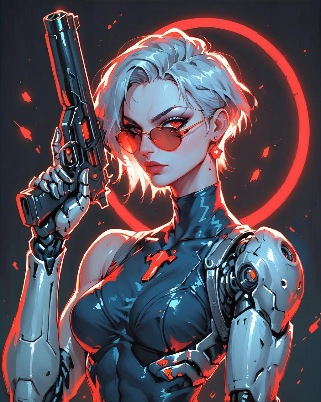 (score_9_up, score_8_up:1.2), score_7_up, (solo), (cyborg girl:1.2) , (athletic), (very detailed), (short hair), (large breasts), (dramatic pose:1.4), (holds tightly big gun), r3dgl0w, (glowing:1.2) red eyes, [sunglasses], red circle at background, black background, Vintage, 1990s \(style\), from side, upper body,
<lora:Cyborg_Girl_-_Leotard:0.5>,
<lora:OldAnimeStyle_XL_v3:0.4>,
<lora:r3dgl0wXLP:0.4>,
<lora:aesthetic:4>, 
<lora:RMSDXL_Enhance:2>, 
<lora:great_lighting:4>, 
<lora:xl_more_art-full_v1:0.3>