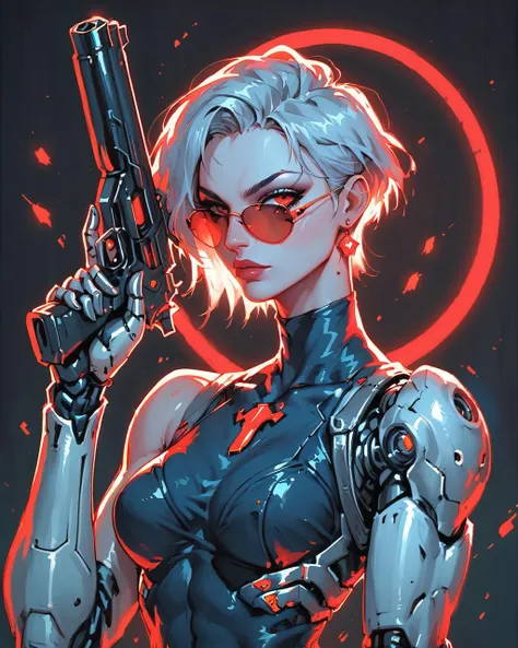 (score_9_up, score_8_up:1.2), score_7_up, (solo), (cyborg girl:1.2) , (athletic), (very detailed), (short hair), (large breasts), (dramatic pose:1.4), (holds tightly big gun), r3dgl0w, (glowing:1.2) red eyes, [sunglasses], red circle at background, black background, Vintage, 1990s \(style\), from side, upper body,
<lora:Cyborg_Girl_-_Leotard:0.5>,
<lora:OldAnimeStyle_XL_v3:0.4>,
<lora:r3dgl0wXLP:0.4>,
<lora:aesthetic:4>, 
<lora:RMSDXL_Enhance:2>, 
<lora:great_lighting:4>, 
<lora:xl_more_art-full_v1:0.3>