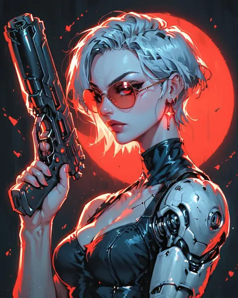(score_9_up, score_8_up:1.2), score_7_up, (solo), (cyborg girl:1.2) , (athletic), (very detailed), (short hair), (large breasts), (dramatic pose:1.4), (holds tightly big gun), r3dgl0w, (glowing:1.2) red eyes, [sunglasses],perfect red circle at background, black background, Vintage, 1990s \(style\), from side, upper body,
<lora:Cyborg_Girl_-_Leotard:0.5>,
<lora:OldAnimeStyle_XL_v3:0.4>,
<lora:r3dgl0wXLP:0.6>,
<lora:aesthetic:4>, 
<lora:RMSDXL_Enhance:2>, 
<lora:great_lighting:4>, 
<lora:xl_more_art-full_v1:0.3>