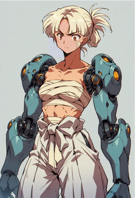 (score_9_up, score_8_up:1.2), score_7_up, cyborg girl, 1nu, bandage top, hakama, art by Rumiko Takahashi, <lora:Cyborg_Girl_-_Leotard:0.3>, <lora:1nuXLP:0.8>