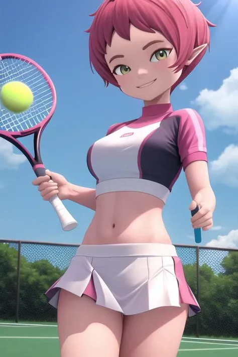 solo, aelita, medium breasts, wide hips, playing tennis, tennis uniform, narrow waist, mature female, smile <lora:Aelita evo:.6> , tennis court, holding tennis racket,