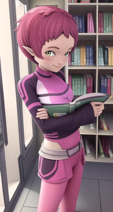 solo, aelita, smile, library, reading a comic, smile, medium breasts, leaning against bookshelf <lora:Aelita evo:.7>