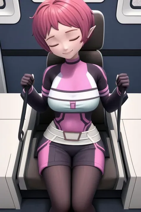 solo, aelita, large breasts, wet clothes, skin tight, wide hips, narrow waist, mature female, smile <lora:Aelita evo:.6> on chair, train interior, sleeping