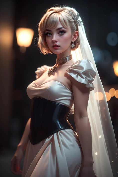 cinematic film still photogenic beautiful adult woman, (cincher), nero claudius \(bride\) \(fate\),  Short blond hair, side bangs, (blue and silver themed) dress, veil, double ribbon,age 40, high quality, high detail, highres 8k, <lora:SmoothCorset3-48:0.8> c0rs3t,  standing, best quality, rim lighting, bokeh, nighttime, dynamic pose,   . shallow depth of field, vignette, highly detailed, high budget, bokeh, cinemascope, moody, epic, gorgeous, film grain, grainy