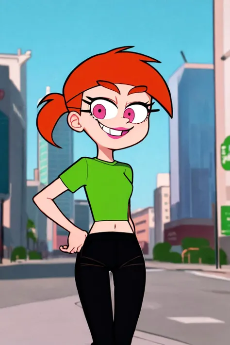 vicky, ponytail,orange hair, lipstick, solo, 1girl, green crop top, pink eyes, black pants,midriff standing, short sleeves, looking at viewer ,,smile, <lora:Vicky(1.0):0.5>