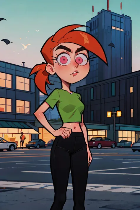 vicky,pink eyes, orange hair, ponytail, red lipstick,green crop top, black pants, looking at viewer, serious, standing, medium shot, outside, market, city, dusk, high quality, masterpiece <lora:Vicky3:.6>
