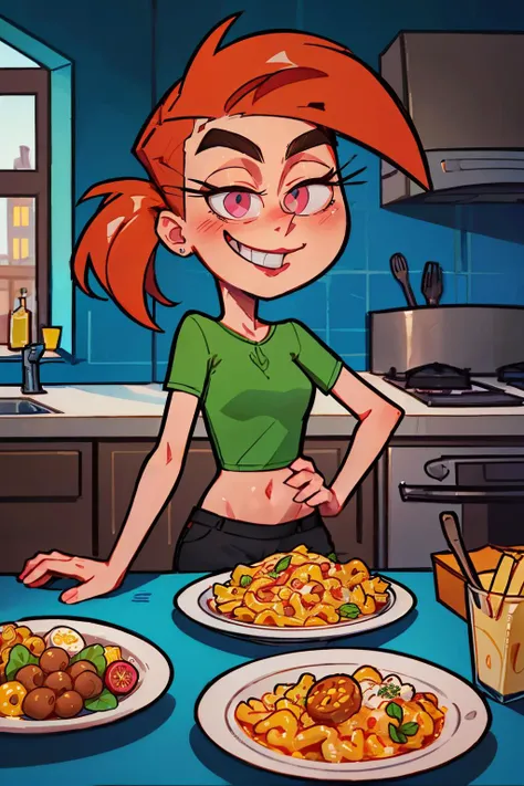 vicky,pink eyes, orange hair, ponytail, red lipstick,green crop top, looking at viewer, serious, smiling, blush, upper body shot, sitting, behind table, inside cozy kitchen, table full of food, macaroni and cheese, high quality, masterpiece <lora:Vicky3:.6>