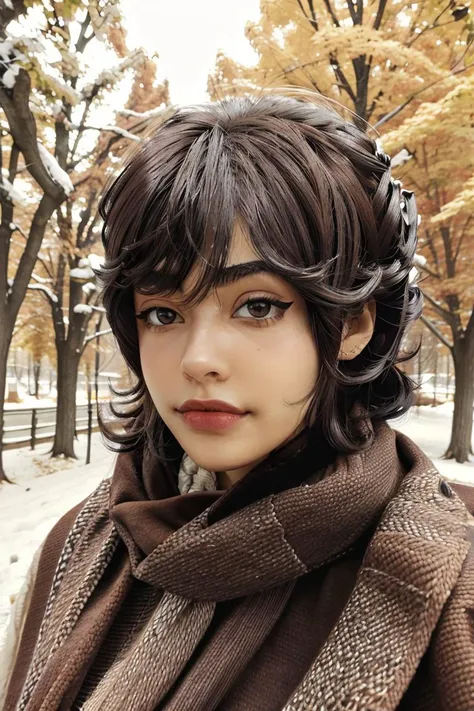 portrait, straight on 
betasinferno, 1girl, mole, lips, parted lips, flipped hair, medium hair, brown eyes, eyeliner
wintercoat, big scarf, 
outdoors, autumn, daylight, volumetric lighting, blurred background
<lora:Betas_Inferno_v1:1>