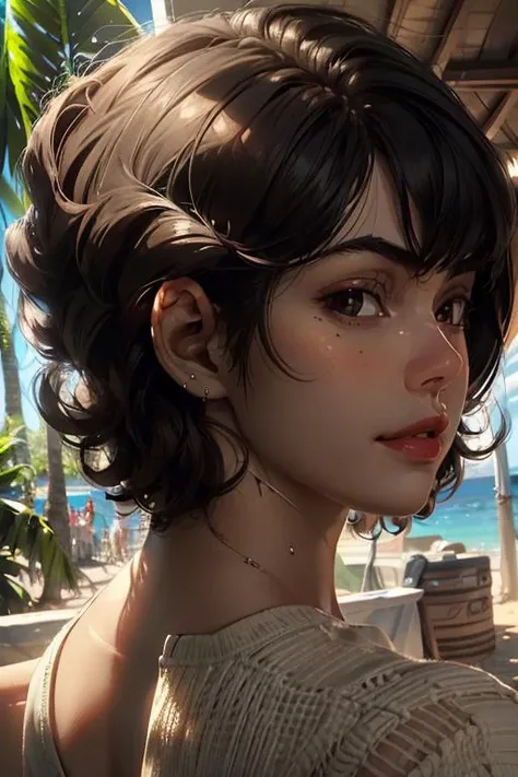 portrait, looking back, looking at viewer, from behind, face focus, brushing back hair, 
betasinferno, 1girl, mole, lips, parted lips, flipped hair, short hair, brown eyes, 
see through, 
hot tropics, daylight, volumetric lighting, blurred background
<lora:Betas_Inferno_v1:1>