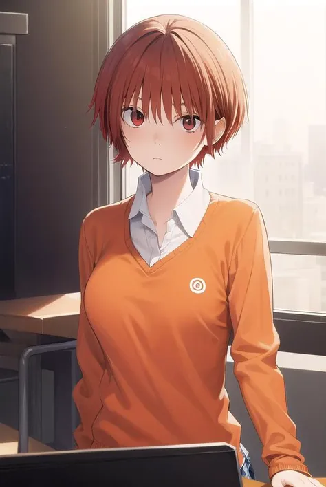 tomonanba, <lora:tomo nanba manga-lora-nochekaiser:1>,
tomo nanba, short hair, (red hair:1.5), (red eyes:1.3),
BREAK skirt, plaid, plaid skirt, sweater, long sleeves, shirt, white shirt, collared shirt, (orange sweater:1.5),
BREAK indoors, classroom,
BREAK looking at viewer, (cowboy shot:1.5),
BREAK <lyco:GoodHands-beta2:1>, (masterpiece:1.2), best quality, high resolution, unity 8k wallpaper, (illustration:0.8), (beautiful detailed eyes:1.6), extremely detailed face, perfect lighting, extremely detailed CG, (perfect hands, perfect anatomy),