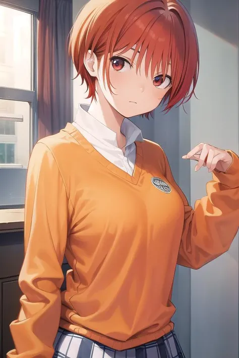 tomonanba, <lora:tomo nanba manga-lora-nochekaiser:1>,
tomo nanba, short hair, (red hair:1.5), (red eyes:1.3),
BREAK skirt, plaid, plaid skirt, sweater, long sleeves, shirt, white shirt, collared shirt, (orange sweater:1.5),
BREAK indoors, classroom,
BREAK looking at viewer, (cowboy shot:1.5),
BREAK <lyco:GoodHands-beta2:1>, (masterpiece:1.2), best quality, high resolution, unity 8k wallpaper, (illustration:0.8), (beautiful detailed eyes:1.6), extremely detailed face, perfect lighting, extremely detailed CG, (perfect hands, perfect anatomy),