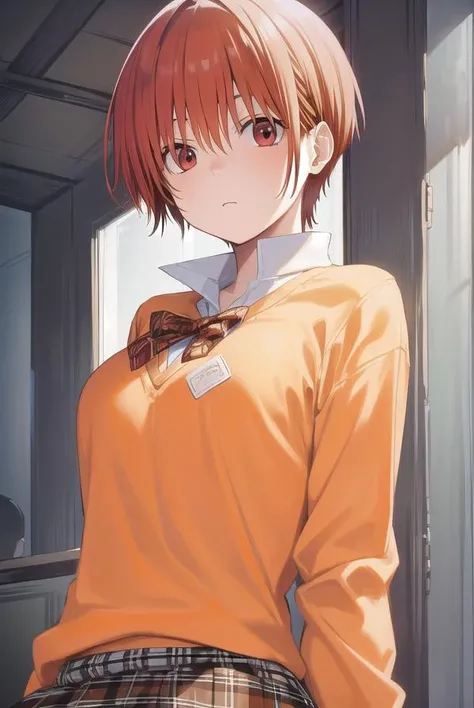 tomonanba, <lora:tomo nanba manga-lora-nochekaiser:1>,
tomo nanba, short hair, (red hair:1.5), (red eyes:1.3),
BREAK skirt, plaid, plaid skirt, sweater, long sleeves, shirt, white shirt, collared shirt, (orange sweater:1.5),
BREAK indoors, classroom,
BREAK looking at viewer, (cowboy shot:1.5),
BREAK <lyco:GoodHands-beta2:1>, (masterpiece:1.2), best quality, high resolution, unity 8k wallpaper, (illustration:0.8), (beautiful detailed eyes:1.6), extremely detailed face, perfect lighting, extremely detailed CG, (perfect hands, perfect anatomy),