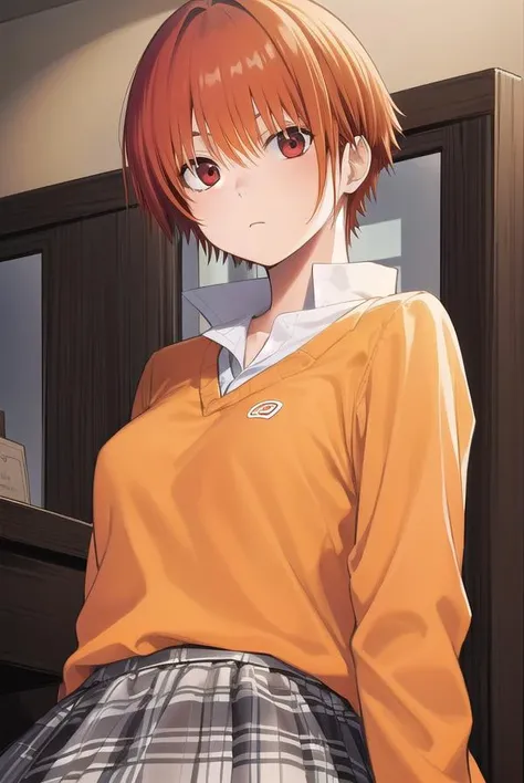 tomonanba, <lora:tomo nanba manga-lora-nochekaiser:1>,
tomo nanba, short hair, (red hair:1.5), (red eyes:1.3),
BREAK skirt, plaid, plaid skirt, sweater, long sleeves, shirt, white shirt, collared shirt, (orange sweater:1.5),
BREAK indoors, classroom,
BREAK looking at viewer, (cowboy shot:1.5),
BREAK <lyco:GoodHands-beta2:1>, (masterpiece:1.2), best quality, high resolution, unity 8k wallpaper, (illustration:0.8), (beautiful detailed eyes:1.6), extremely detailed face, perfect lighting, extremely detailed CG, (perfect hands, perfect anatomy),
