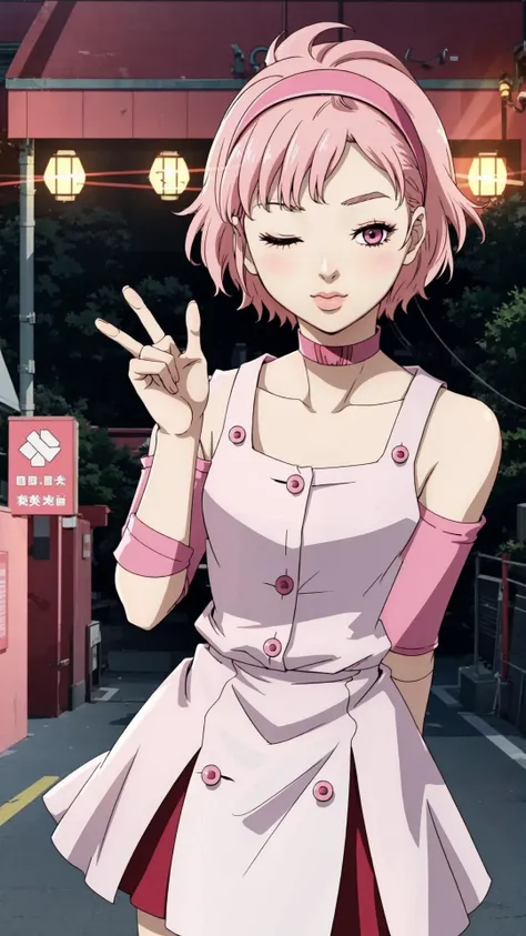 <lora:Sugimoto_LoRA:0.8> ReimiSugimotoJoJo, 1girl, pink hair, pink eyes, short hair, cute face, alice hairband, pink dress, BREAK, cute pose, (one eye closed, v, blowing kiss:1.15), masterpiece, best quality, extremely detailed, highly quality, 4k, sharp focus, professional, sharp focus, award winning, cinematic lighting, octane render, unreal engine, volumetrics dtx, Wallpaper,