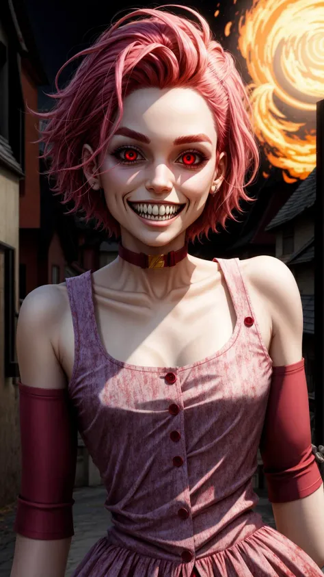 <lora:Sugimoto_LoRA:0.8> ReimiSugimotoJoJo, 1girl, pink hair, short hair, BREAK, <lora:ExeHardcore:0.3> (Exe, teeth, horror theme, red eyes, smile, sharp teeth, glowing, blood, grin, glowing eyes, evil smile:0.5), BREAK, burning background, debris <lora:add_detail:0.8>, masterpiece, best quality, extremely detailed, highly quality, 4k, sharp focus, professional, sharp focus, award winning, cinematic lighting, octane render, unreal engine, volumetrics dtx, Wallpaper,