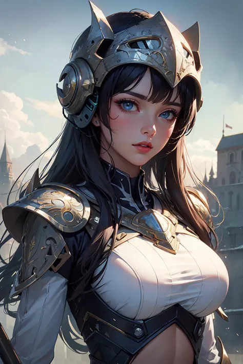 (masterpiece, highest quality, best quality, official art, aesthetics :1.2),  (fractal art :1.4),
photorealistic,ultra high res,front lighting,intricate detail,Exquisite details and textures,vibrant,face highlight,sexy,seductive,(beautiful detailed eyes),(beautifully detailed face),(sci-fi armor, cybernetics, futuristic, helmet),thick swirling fog,bokeh,science fiction,flying around the city during the day,(masterpiece),best quality,highres,4k,8k,Detailed Illustration,amazing quality,1girl,fit female,amazing shading,soft lighting,facing camera,perfect eyes, ((castle in background)), holding sword,