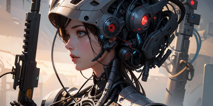 (masterpiece, top quality, best quality, official art, beautiful and aesthetic:1.2), extreme detailed,(fractal art:1.3),colorful,highest detailed, ((holding gun)),
complex 3d render ultra detailed of a beautiful porcelain profile woman android face, cyborg, robotic parts, 150 mm, beautiful studio soft light, rim light, vibrant details, luxurious cyberpunk, lace, hyperrealistic, anatomical, facial muscles, cable electric wires, microchip, elegant, beautiful background, octane render, H. R. Giger style, 8k, best quality, masterpiece, illustration, an extremely delicate and beautiful, extremely detailed ,CG ,unity ,wallpaper, (realistic, photo-realistic:1.37),Amazing, finely detail, masterpiece,best quality,official art, extremely detailed CG unity 8k wallpaper, absurdres, incredibly absurdres, robot, silver halmet, full body,
