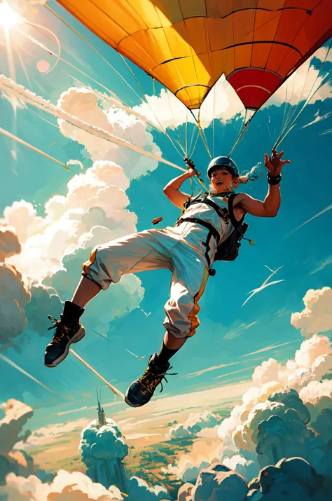 (masterpiece, ultra high res, dynamic angle, (ultra wide shot:1.1), full body, (from underneath:1.5), (from below|front:1.2)), (1girly paratrooper using one paraglider, (skydiving):1.25), falling (crotch first:1.15) onto viewer, BREAK (tucked up knees, half-apart legs:1.2), visible shoe sole profiles, short, athletic, narrow hips, (holding towing ropes:1.13), looking beyond viewer, (white paratrooper uniform, tight sleeveless jumpsuit, open zippers, buckles, zipper, parachutist pack bag, high collar), black combat boots, big black bracelet, BREAK iridescent braided white hair, perfect hands, (light passing through hair:0.4), bloom, glare, (<lora:Style - novel_bright:0.57>:<lora:Style - tarakanovich-20:0.76>:0.7:1.23), (AS-YoungerV2:0.6)