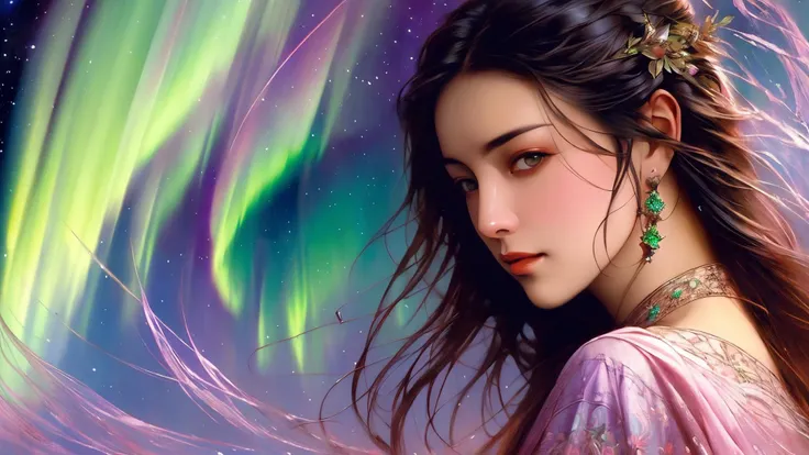 Aurora Borealis Summit: Ascend to a mountain peak and witness the awe-inspiring dance of the Northern Lights across the night sky. The vibrant hues of green, pink, and purple intertwine, creating an ever-shifting celestial masterpiece. , BREAK , ((art by Karol Bak )) masterpiece, perfect quality