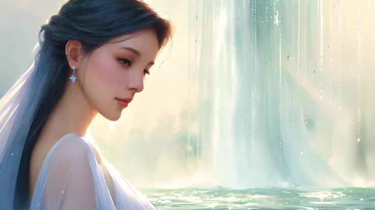 Ethereal Silk Veil Falls: A majestic waterfall of cascading silk-like water, shimmering and catching the sunlight, creating rainbows that dance in the air. The mist and melodious symphony of water adds to the enchanting atmosphere of this natural wonder. , BREAK , ((art by Daniela Uhlig )) masterpiece, perfect quality