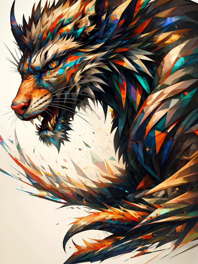 chimera with fearsome roar made of ral-polygon, symbols, intricate details, colorful, abstract, realism<lora:ral-polygon-sd15:0.8>