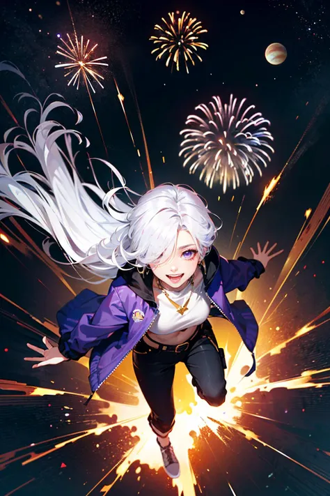 space, outer space, moon, (planets:1.3), nighttime, volumetric lighting, dark theme, fireworks, ((explosions:1.3)), (flames:1.3), (from above:1.4), looking at viewer, fire in the sky, flames in the sky, jumping, arms extended, 1girl, (mature female, :1.4), purple eyes, (white hair:1.3), (hair over one eye:1.4), (mechanical arms:1.3), (long hair:1.3), smiling, smile, open mouth, teeth, ((purple crop jacket, black top, black pants, gold belt)), <lora:GoodHands-vanilla:1.2>