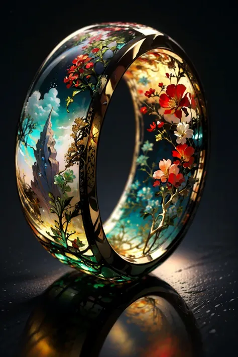 (Glass ring:1.3), masterpiece, best quality, landscape, (style of Carne Griffiths:1.3), (masterpiece, best quality:1.5), Tahitian pareu, Shopping mall, Clear skies, <lora:RingArt_Sora:0.8>