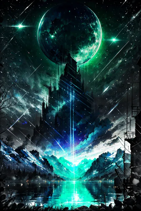 Highly detailed, High Quality, Masterpiece, beautiful, night, (dark environment), mountains, water, trees, <lora:DW-000008:1>