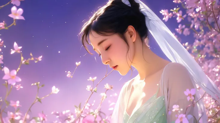 Ethereal Aurora Gardens: An ethereal realm where nature seems to have dipped its brush in hues of moonlit purples and blues. Delicate blooms, radiating a soft glow, line paths of glistening dewdrops. The air is infused with a sweet, mystical scent, as if the garden itself breathes magic. , BREAK , ((art by Yoshitaka Amano  ))   masterpiece, perfect quality