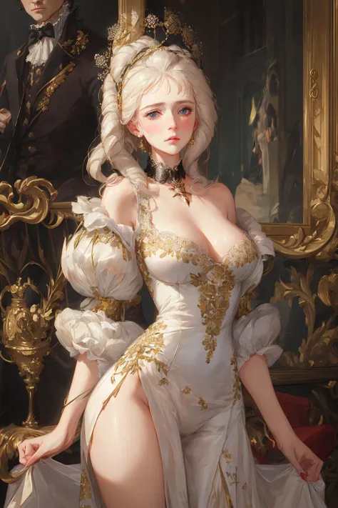 sexy,revealing,beautiful mature marie antoinette,collar,wears an opulent and richly embroidered dress,arrogant,heartless,cold facial expression,decadent,nsfw,dominant,in versailles,18th century,Impressionism,