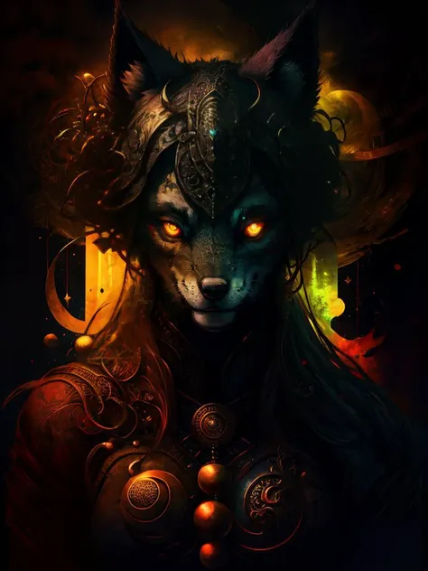 werewolf with glowing eyes made of random00d, symbols, intricate details, colorful, abstract, realism <lora:random00d_v2-000010:1> random00d