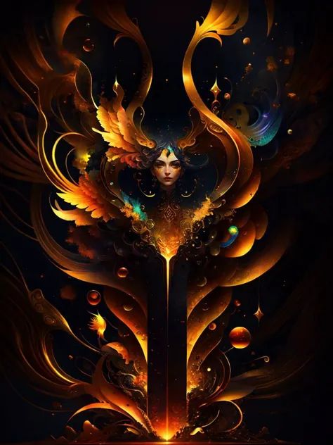 phoenix with fiery grace made of random00d, symbols, intricate details, colorful, abstract, realism <lora:random00d_v2-000010:1> random00d