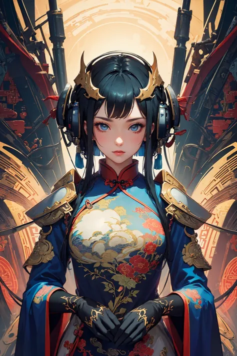 (masterpiece, top quality, best quality, official art, beautiful and aesthetic:1.2), (1girl), extreme detailed,(fractal art:1.2),colorful,highest detailed, mecha:1.4, (chinese clothes:1.4), upper body,