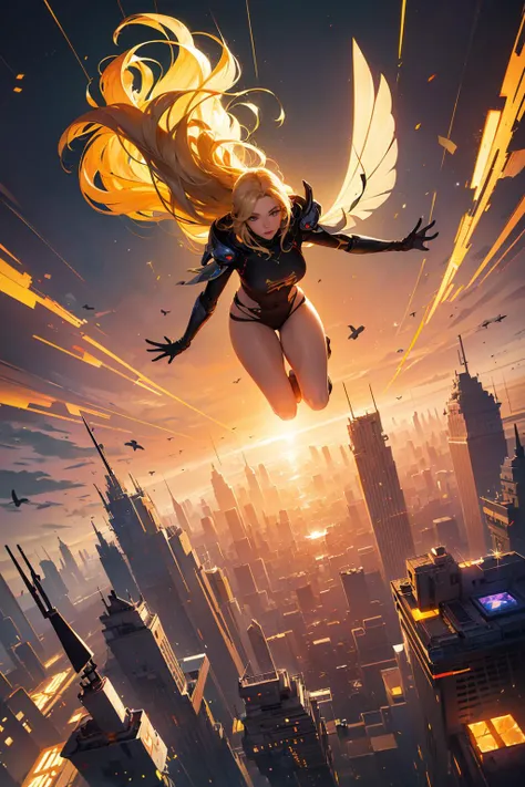 (masterpiece, highest quality, best quality, official art, aesthetics :1.2),  (fractal art :1.4),
a girl flying over a futuristic city, (flying:1.4), (futuristic city:1.4),(Thick Body:1.4), (Long Blond Hair:1.4), Green Eyes, HDR (High Dynamic Range), Ray Tracing, NVIDIA RTX, Super-Resolution, Unreal 5, Subsurface Scattering, PBR Texturing, Post-Processing, Anisotropic Filtering, Depth-Of-Field ,Maximum Clarity And Sharpness, Multi-Layered Textures, Albedo And Specular Maps, Surface Shading, Accurate Simulation Of Light-Material Interaction, Octane Render, Two-Tone Lighting, Low ISO, White Balance, Rule Of Thirds, Wide Aperture, 8K RAW, Efficient Sub-Pixel, Sub-Pixel Convolution, (Luminescent Particles:1.4), {{Masterpiece, Best Quality, Extremely Detailed CG, Unity 8k Wallpaper, 3D, Cinematic Lighting, Lens Flare}},