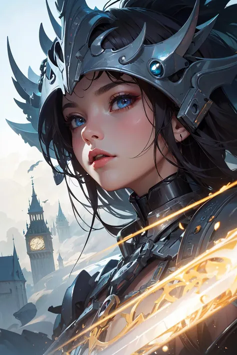 (masterpiece, highest quality, best quality, official art, aesthetics :1.2), (fractal art :1.4),
photorealistic,ultra high res,front lighting,intricate detail,Exquisite details and textures,vibrant,face highlight,sexy,seductive,(beautiful detailed eyes),(beautifully detailed face),(sci-fi armor, cybernetics, futuristic, helmet),thick swirling fog,bokeh,science fiction,flying around the city during the day,(masterpiece),best quality,highres,4k,8k,Detailed Illustration,amazing quality,1girl,fit female,amazing shading,soft lighting,facing camera,perfect eyes, ((castle in background)), holding sword,