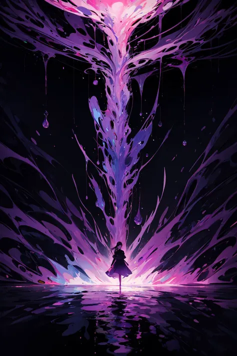 masterpiece, best quality, ultra high res, beautiful, gorgeous, evocative, emotional, award-winning art, 1girl, (abstract art:1.4), purple theme, purple lighting, melting, liquid