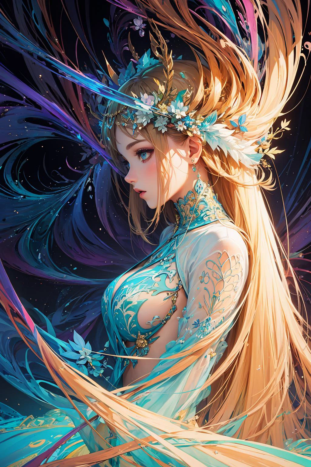 (masterpiece, top quality, best quality, official art, beautiful and aesthetic:1.2), (1girl), extreme detailed,(fractal art:1.3),colorful,highest detailed, very long hair