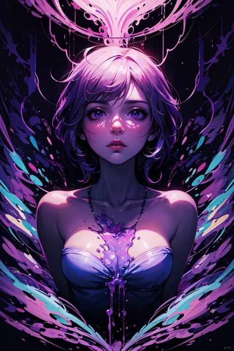 masterpiece, best quality, ultra high res, beautiful, gorgeous, evocative, emotional, award-winning art, 1girl, (abstract art:1.4), purple theme, purple lighting, melting, liquid