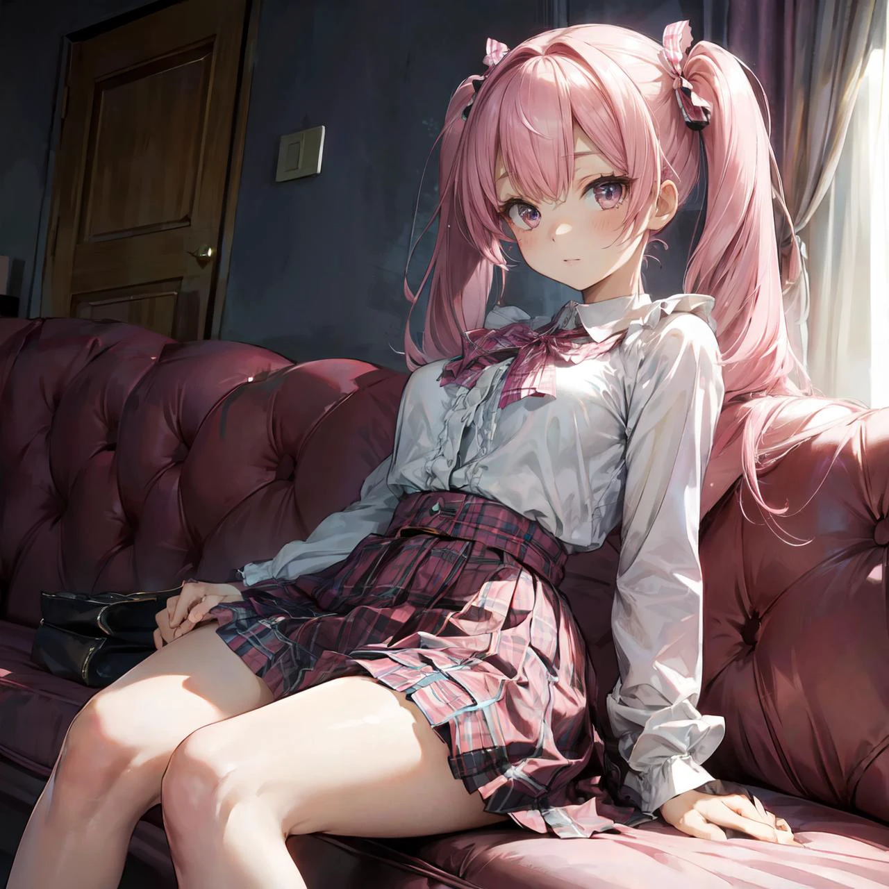 Pink hair, twin tails, long hair, Solo, Medium breast, adult, masterpiece, best quality, Frills, (plaid skirt:1.2)
,<lora:add_detail:0.8>
<lora:reverse_upright_straddle_v0.1:0.8> reverse upright straddle