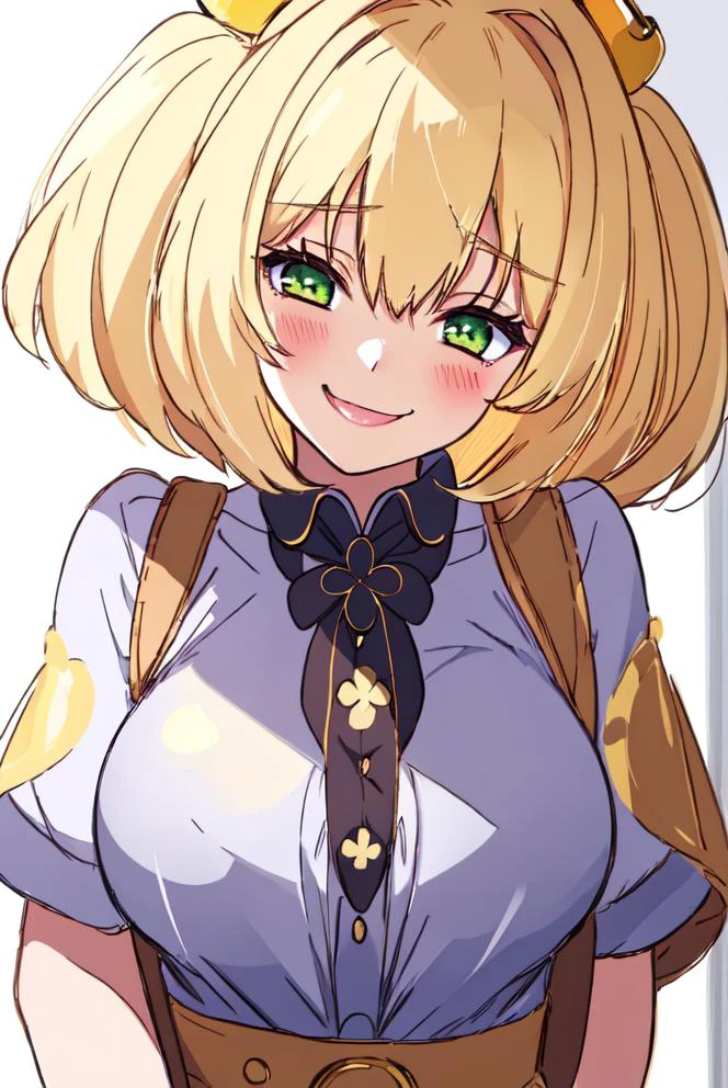 absurdres, ultra-highres, ultra-detailed, best quality, 1girl, solo, colorful, (half-closed eyes:0.9), light smile, blush, BREAK, crazy smile, green eyes, clover, clover eyes, + +, breasts, blonde hair, long eyelashes, short hair, looking at viewer, blush, large breasts, short sleeves, hair between eyes, upper body, bangs, blunt bangs, <lora:BX_color sketch_v1.04cy:0.65> <lora:Clover Pupils t3_275668:0.65>
