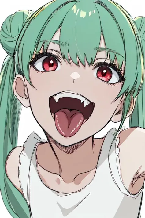 (best quality, masterpiece, highres),1girl,red eyes,green hair,jitome,open mouth,fangs,tongue,smile,close-up,braided bun,white background,
<lora:BX_color sketch_v1.04cy:1>,