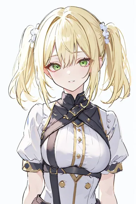 (from above:1.3),(looking at viewer:1.2),solo, upperbody,2, blonde curly long hair, lime green eyes, Russian, pure smile, (stylish model pose),off shoulder,(white  sexy givenchy dress),(I am the star):1.2, white simple background,
