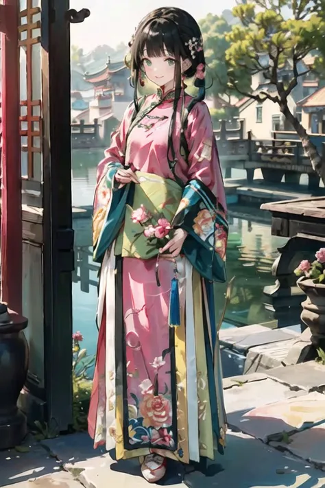 (masterpiece, top quality, best quality, official art, beautiful and aesthetic:1.2), 1girl, solo, black hair,smile, (pink/yellow/green/blue/red/white chinese clothes),(floral print), (pink/yellow/green/blue/red/white/black long skirt),(long sleeves),standing in chinese garden, outdoors,looking away, <lora:QingNvZhuang:0.7>, <lora:chinaDollLikeness_v10:0.3> ,<lora:shuimobysimV3:0.2>