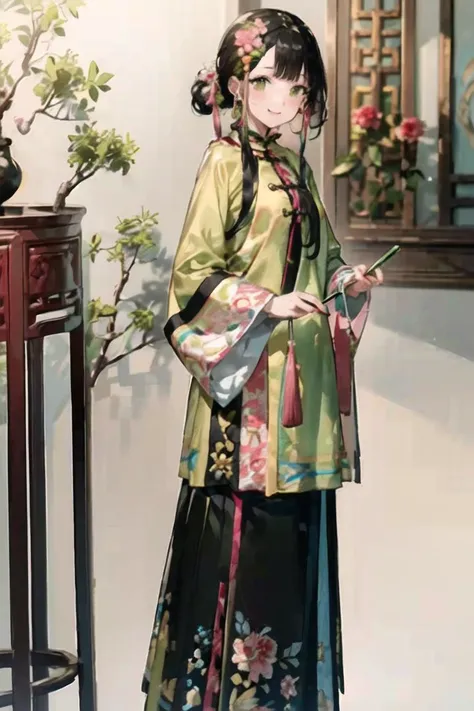 (masterpiece, top quality, best quality, official art, beautiful and aesthetic:1.2), 1girl, solo, black hair,smile, (pink/yellow/green/blue/red/white chinese clothes),(floral print), (pink/yellow/green/blue/red/white/black long skirt),(long sleeves),standing in chinese garden, looking away, <lora:QingNvZhuang:0.7>, <lora:chinaDollLikeness_v10:0.3> ,<lora:shuimobysimV3:0.2>