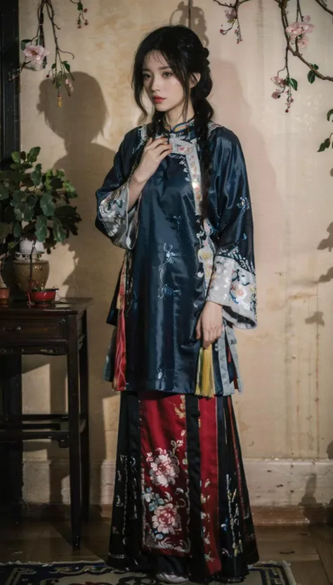 <lora:QingNvZhuang:0.7>,(pink/yellow/green/blue/red/white chinese clothes),(floral print), (pink/yellow/green/blue/red/white/black long skirt),(long sleeves),1 girl,(China ancient hairstyle:1.5), hair accessories, hairpin,full body,(short hair:1.1), (realistic:1.7),((best quality)),absurdres,(ultra high res),(photorealistic:1.6),photorealistic,octane render,(hyperrealistic:1.2), (photorealistic face:1.2), (8k), (4k), (Masterpiece),(realistic skin texture), (illustration, cinematic lighting,wallpaper),( beautiful eyes:1.2),((((perfect face)))),(cute),(standing),(black hair),black eyes,red lips, indoors, chinese ornaments, wooden chinese table, window, flowers, <lora:InstantPhotoX3:0.6>
