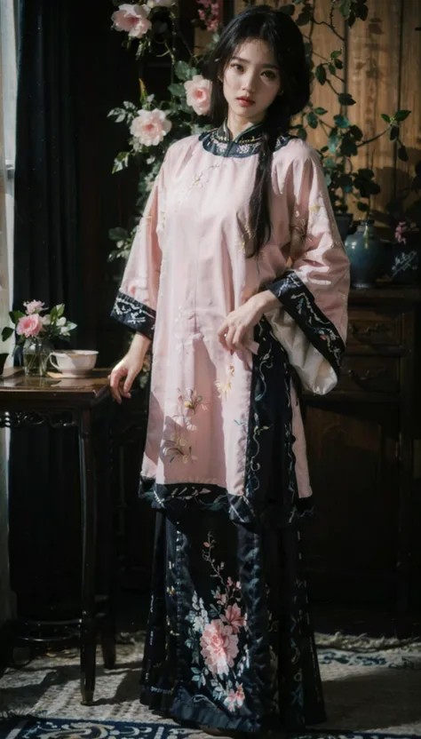 <lora:QingNvZhuang:0.7>,(pink/yellow/green/blue/red/white chinese clothes),(floral print), (pink/yellow/green/blue/red/white/black long skirt),(long sleeves),1 girl,(China ancient hairstyle:1.5), hair accessories, hairpin,full body,(short hair:1.1), (realistic:1.7),((best quality)),absurdres,(ultra high res),(photorealistic:1.6),photorealistic,octane render,(hyperrealistic:1.2), (photorealistic face:1.2), (8k), (4k), (Masterpiece),(realistic skin texture), (illustration, cinematic lighting,wallpaper),( beautiful eyes:1.2),((((perfect face)))),(cute),(standing),(black hair),black eyes,red lips, indoors, chinese ornaments, wooden chinese table, window, flowers, <lora:InstantPhotoX3:0.6>