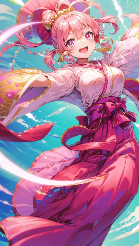 masterpiece, best quality,hbrwfs, 1girl, solo, japanese clothes, pink hair, long hair, skirt, breasts, smile, looking at viewer, hakama, holding, ponytail, wide sleeves, hakama skirt, ribbon, miko clothes, <lora:HbrStyleV1-000007:0.8>