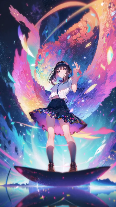 masterpiece, best quality,hbrwfs, 1girl, solo, flower,skirt, indoors, scenery, night, bangs, black hair, black legwear, looking at viewer,blurry, blurry background,standing,uniform,night sky, horizon, stars,lonely, galaxy, milky way, <lora:HbrStyleV1-000007:0.8>