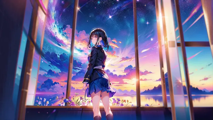 masterpiece, best quality,hbrwfs, 1girl, solo, flower,skirt, indoors, scenery, night, window, bangs, black hair, black legwear, looking at viewer,blurry, blurry background,standing,uniform,night sky, horizon, stars,lonely, <lora:HbrStyleV1-000007:0.8>